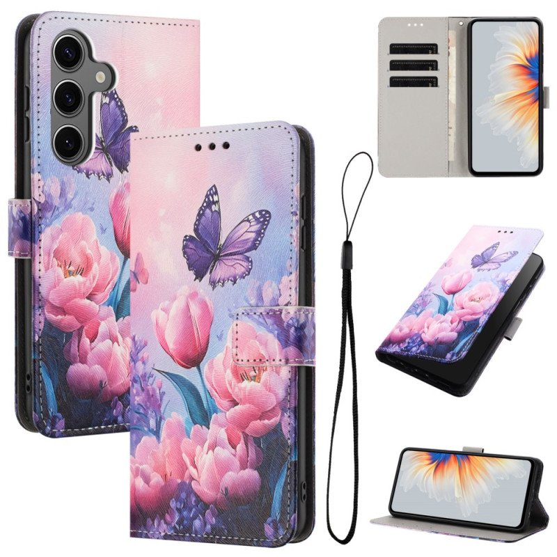 Läderfodral Samsung Galaxy S26 Telefonfodral Fjäril Och Rosa Blommor