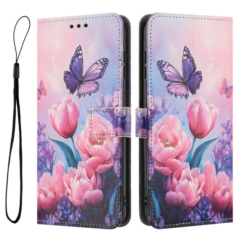 Läderfodral Samsung Galaxy S26 Telefonfodral Fjäril Och Rosa Blommor