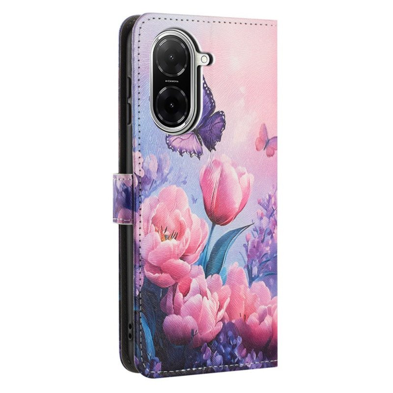 Läderfodral Poco C71 Telefonfodral Fjärilar Och Rosa Blommor