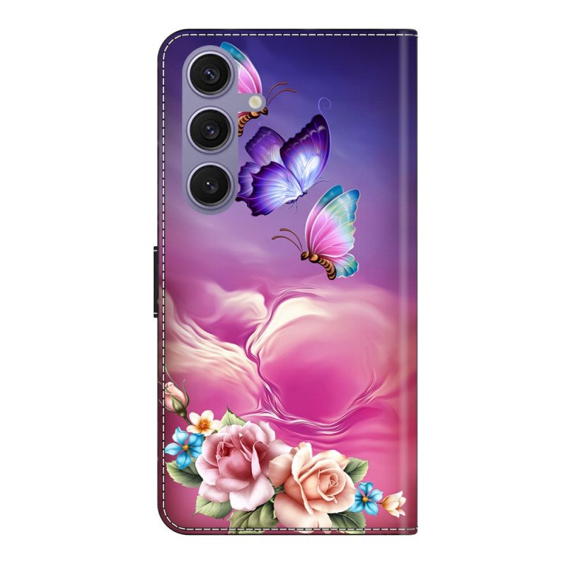 Läderfodral Samsung Galaxy S25 Plus 5g Telefonfodral Fjärilar Och Små Blommor