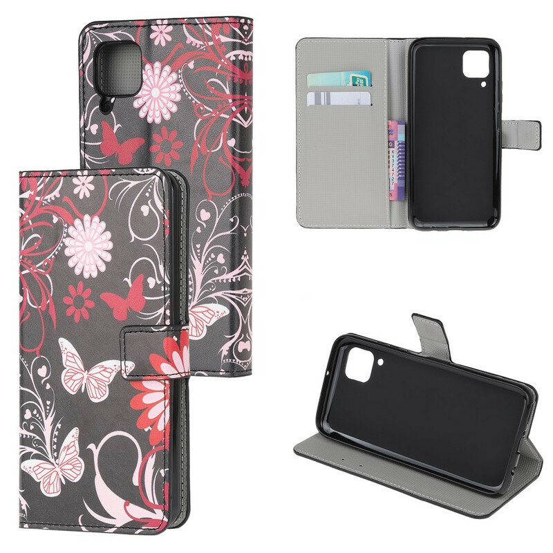 Läderfodral Huawei P40 Lite Fjärilar Och Blommor