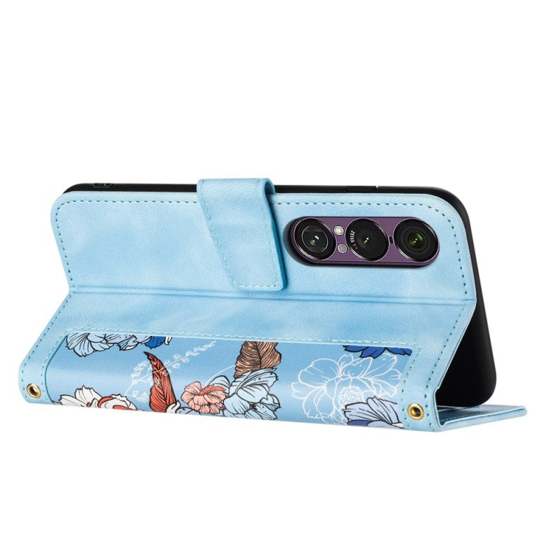 Läderskal Fodral Sony Xperia 1 Vii Blommig Med Rem