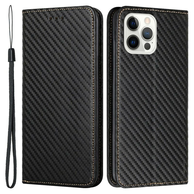Folio-fodral iPhone 13 Pro Med Kedjar Läderfodral Kolfiberrem