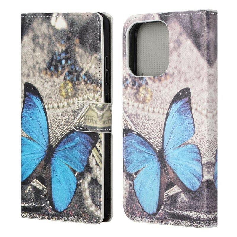Läderfodral iPhone 13 Pro Blå Fjäril