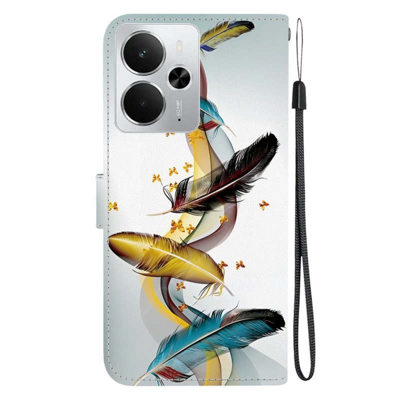 Läderskal Fodral Realme 14 5g Fjädrar Och Fjärilar