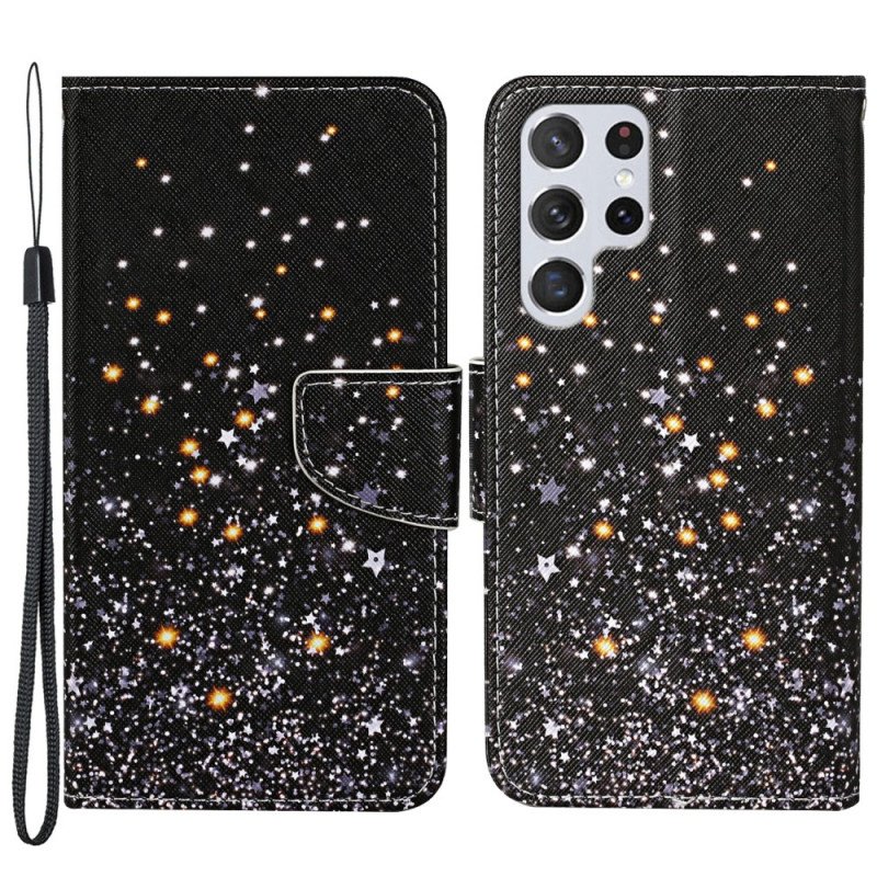 Folio-fodral Samsung Galaxy S22 Ultra 5G Stjärnor Och Paljetter Med Snodd