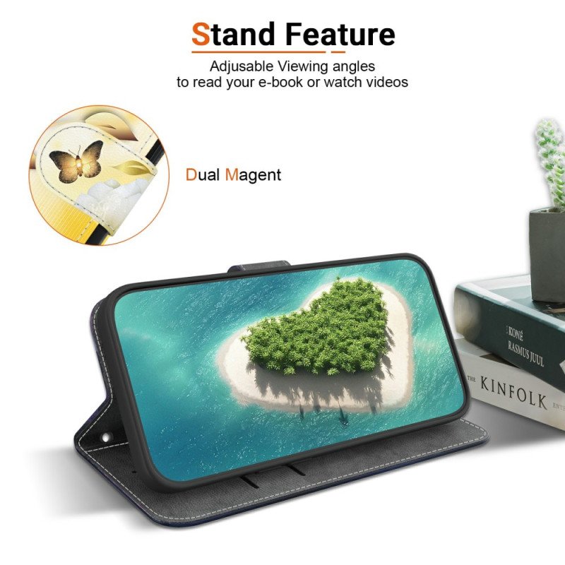 Läderfodral Xiaomi Redmi Note 15 5g Telefonfodral Guldfärgade Fjärilar Och Vita Blommor