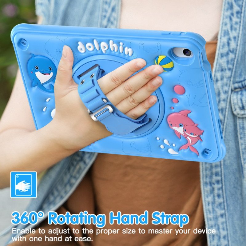Skal iPad (2025) Roterande Stativ Med Delfin Och Rem För Barn